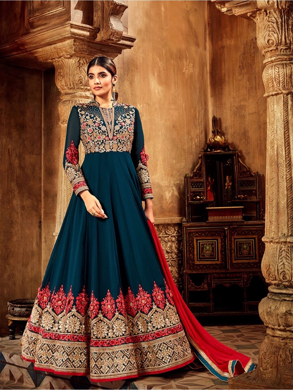Elegant Teal Embroidered Women’s Lehenga with Red Accents
